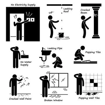 Broken House Old Building Problems Stick Figure Pictogram Icons Illustrazione stock