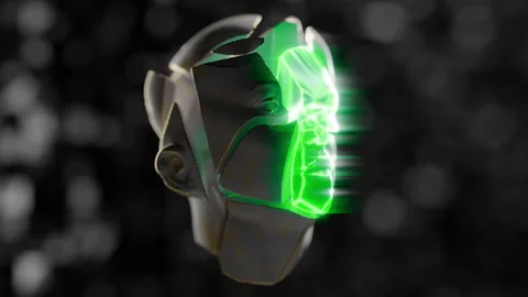 A broken human face in green neon lights in a 3D animation Stock Footage 253597451