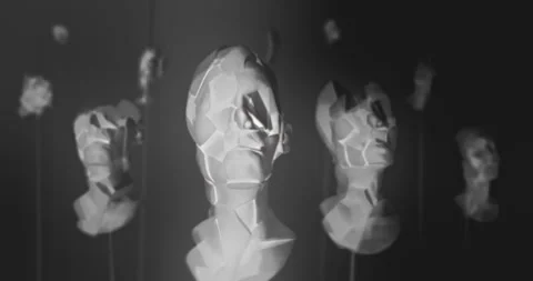 Broken human faces in black and white 3d animation Stock Footage 255682721