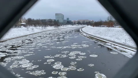 Broken Ice Floating in Neris River in Vilnius, Lithuania Stock Footage 166626591