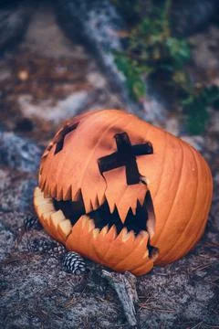 Broken Jack O Lantern on the ground Stock Photos