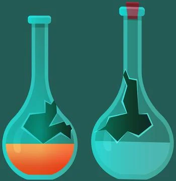 Broken laboratory beaker with reagent. Theme of chemistry, medicine. Explosive Stock Illustration