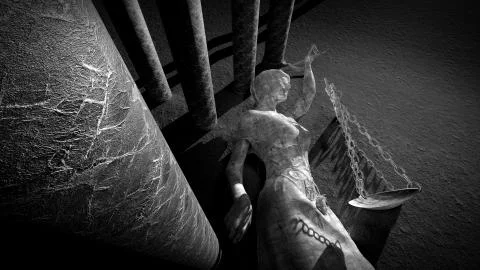Broken lady of justice 3d rendering Illustrazione stock