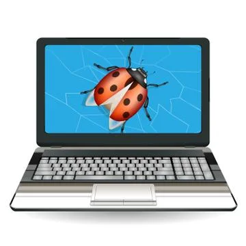 Broken laptop computer destroy by a bug Stock Illustration