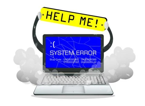 Broken laptop error screen with help me banner Stock Illustration