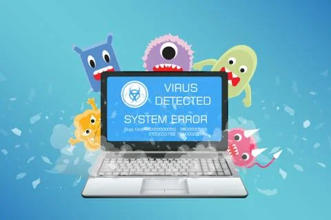 Broken laptop with virus computer detect Stock Illustration