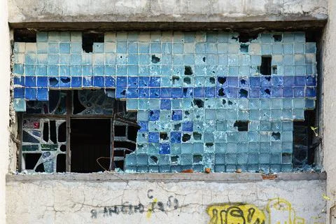 Broken large square glass window Stock Photos