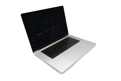 Broken LCD display on laptop computer. Isolated white background. Stock Photos