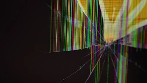Broken LCD screen with a shattered matrix displays vibrant color glitches, .. Stock Footage 324964492