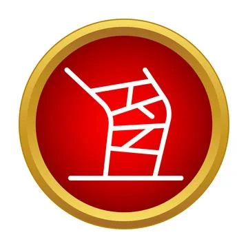 Broken leg cast icon on red badge Stock Illustration