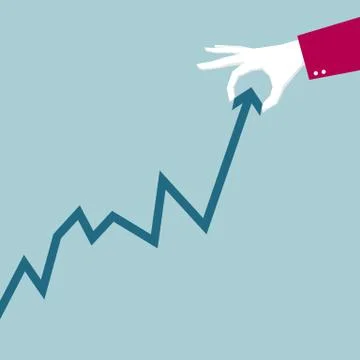 The broken line chart is in the hand. The background is blue. Stock Illustration