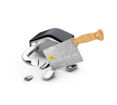 Broken lock and credit card in the form of a machete Isolated On White Backgr Stock Illustration