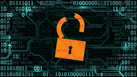 Broken lock on the background abstract electronic circuit board with binary code 스톡 일러스트