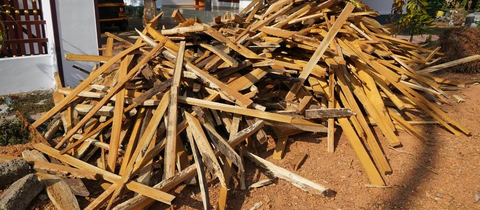 Broken long chunks of tree trunk. Close up broken pieces of wood. Pine timber Stock Photos