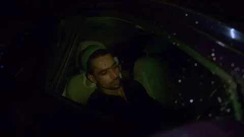 Broken Man Sitting in Car Alone After Love Loss Nighttime Stock Footage 311145866
