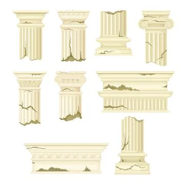 Broken marble pillars set. Stone column ruins, ancient building architectural Ilustración de archivo