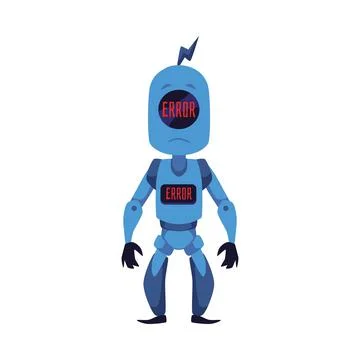 Broken mascot robot with error message on head and chest - flat vector 스톡 일러스트