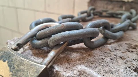 Broken metal chain with padlock. Security failure concept with damaged iron Stock Photos