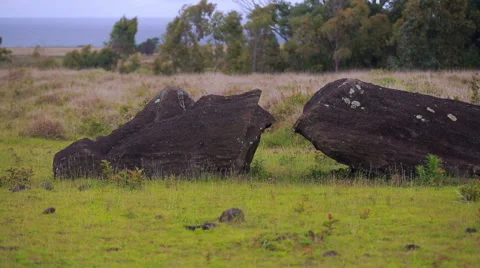 Broken Moai, footage of the Easter Island Stock Footage 64258456