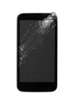 Broken mobile smart phone with crashed touch screen isolated on white Stock Photos