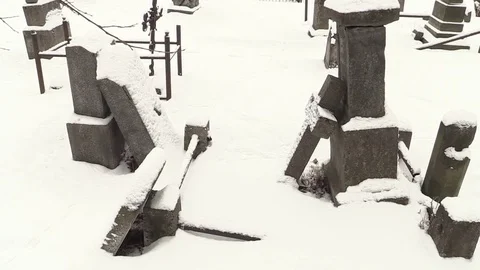 Broken old graveyard in the winter snow Stock-Footage 72992215