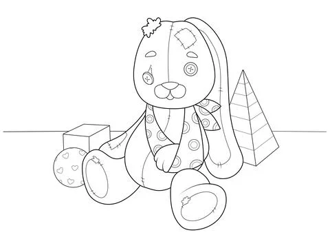 Broken old hare plush toy. Children coloring book, black outline, white Stock Illustration