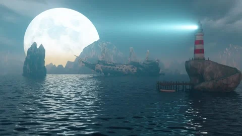 Broken old sailing ship at night with moon in the ocean Stock Footage 289409479