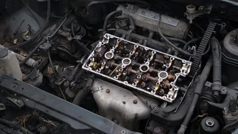 Broken open Cracked car auto engine Stock Footage 163650934
