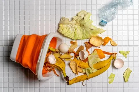 Broken orange compost container lies on white tile with banana peel, cabbag.. Stock Photos