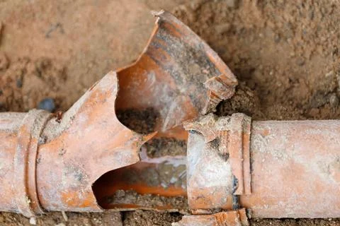 Broken Orange Plastic Pipe in Soil Stock Photos