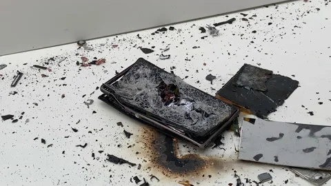 Broken phone. Hammer hitting the display breaks the mobile phone. Stock Footage 221139047
