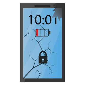 Broken phone. Old battered and cracked cell phone with a cracked screen. Stock Illustration