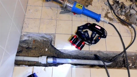 Broken Pipe, Water Pipeline, Pipe Repair, Metal and Polypropylene Pipe Stock Footage 120741841