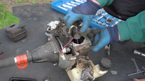 Broken piston String trimmer Stockbeeldmateriaal 199356495