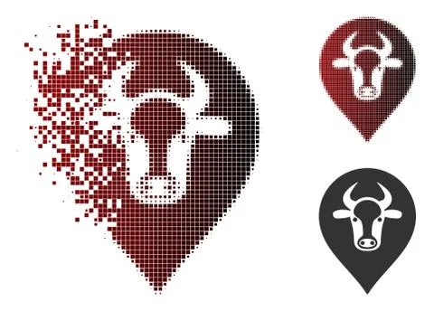 Broken Pixel Halftone Cow Map Pointer Icon Stock Illustration