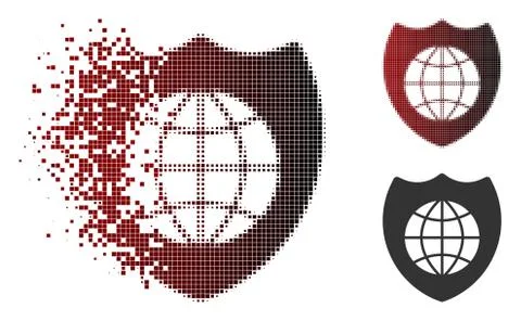 Broken Pixel Halftone Global Shield Icon Stock Illustration