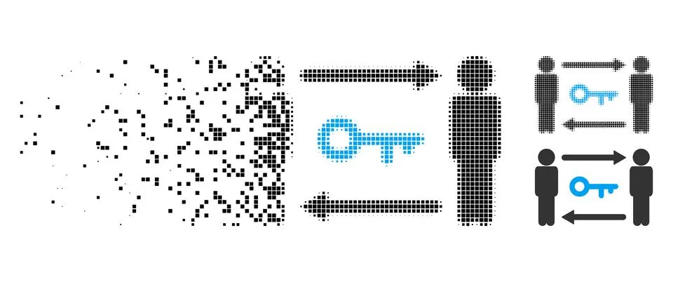 Broken Pixel Halftone Persons Key Exchange Icon Stock Illustration
