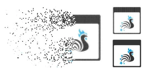 Broken Pixel Halftone Rooster Fireworks Calendar Page Icon Stock Illustration