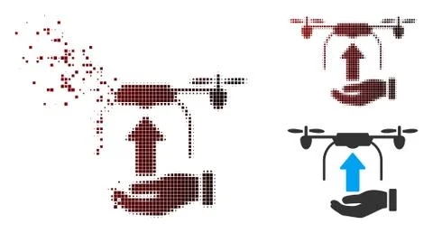 Broken Pixel Halftone Send Drone Hand Icon Stock Illustration