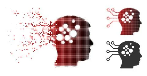 Broken Pixelated Halftone Brain Interface Circuit Icon Ilustração Stock