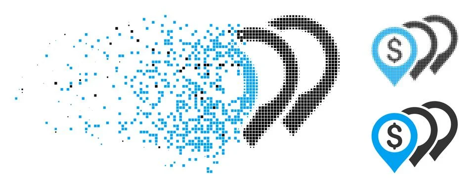 Broken Pixelated Halftone Dollar Map Pointers Icon 스톡 일러스트
