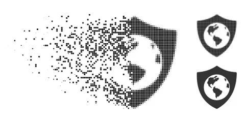Broken Pixelated Halftone Earth Shield Icon Stock Illustration