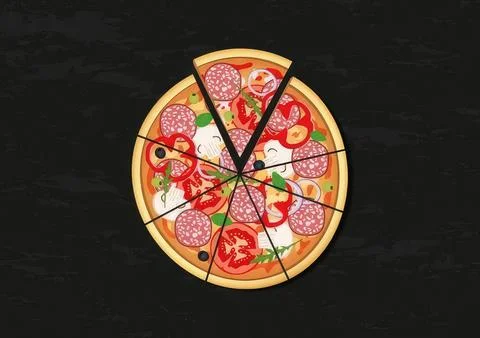 Broken pizza clock with pepperoni and vegetables on black background Stock Illustration