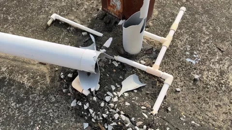 Broken Plastic Water Pipe | Damaged PVC Pipe Close-Up Detail Видео 318395562
