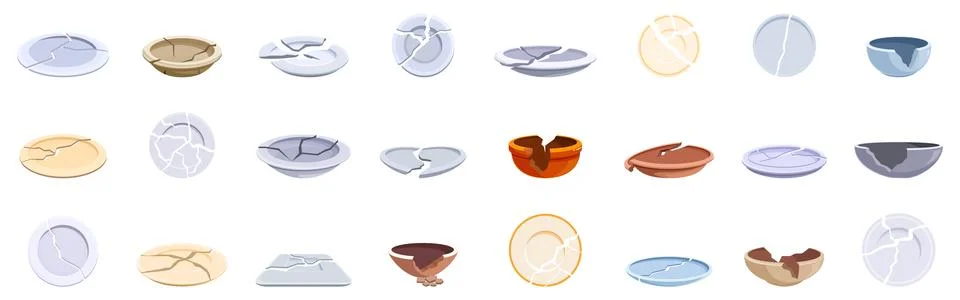 Broken plates icons set. Broken plates and bowls showing different cracks and Stock Illustration