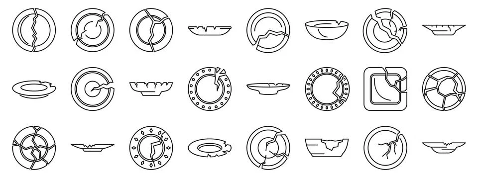 Broken plates icons set. Broken dishes and plates showing different crack s.. Stock Illustration
