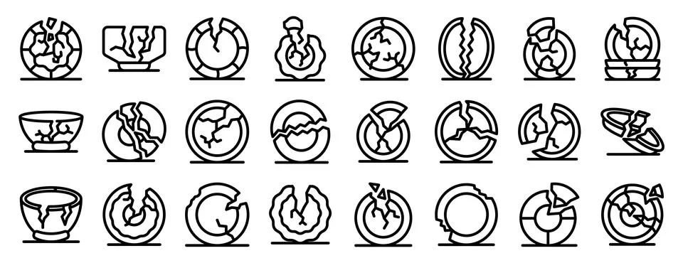 Broken plates icons set. Different types of broken crockery symbolizing damag Stock Illustration