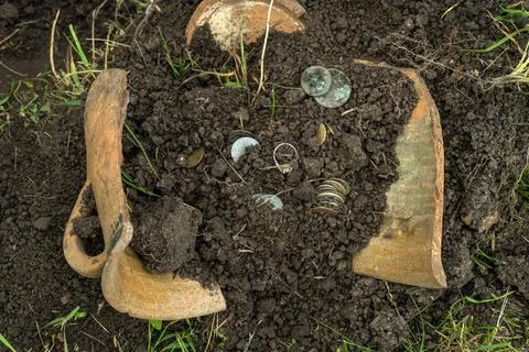 A broken pot with artifacts excavated by archaeologists. Coins and small ob.. Stock Photos