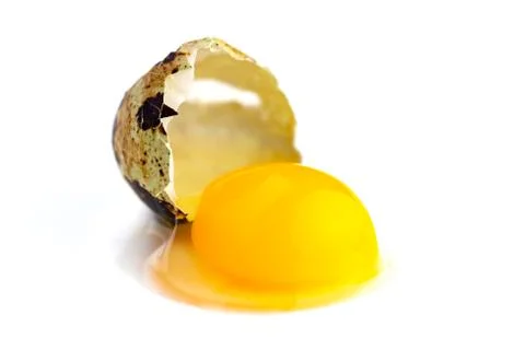 Broken quail egg on white background; eco product; healthy food Stock-Fotos