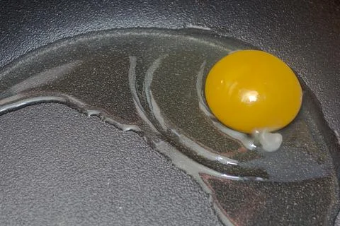 Broken raw chicken egg in a frying pan. Cooking scrambled eggs. Stock Photos